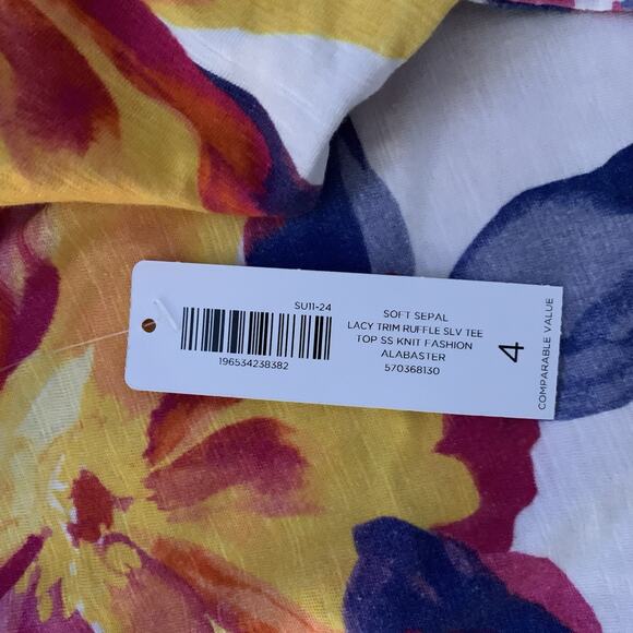 Chico's Top Women's 4 (2X) Lacy Trim Tropical 3/4 Sleeve Colorful Boat Neck NWT - Picture 4 of 9